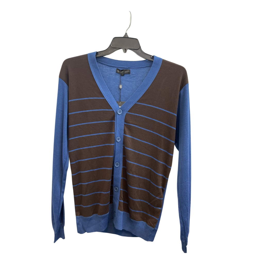 Sinash Blue Brown Striped Cardigan Sweater - Size L - Men's Clothing